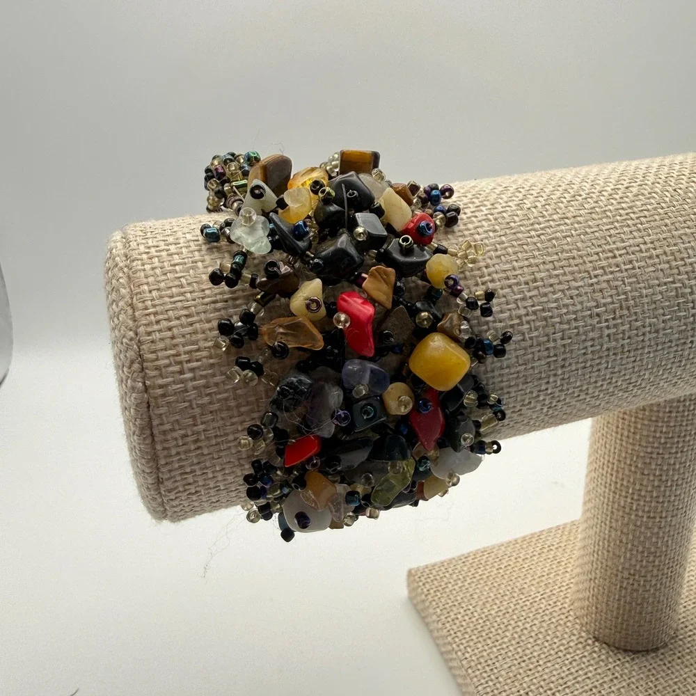 Multicolor Beaded Stone Cuff Bracelet Chunky Earthy Boho Festival Fairy Y2K‎